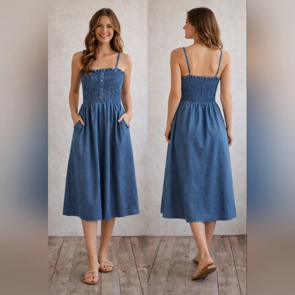 love by chesley chambray prairie smocked sundress button front spaghetti strap l - Picture 1 of 14